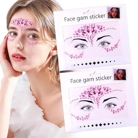Mermaid Face Gems Jewels for Women Cosplay Halloween Eye Body Party Temporary Tattoos Decorations Self Adhesive Jewels Rhinestones Eye Face Makeup Gems Stickers for Decorations Supplies,2-Pack Pink Cover