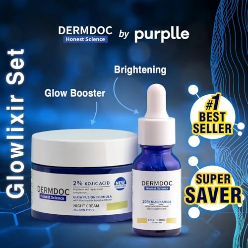 Image of DermDoc Glowlixir Set of 2-10% Niacinamide Face Serum (15ml) & 2% Kojic Acid Night Cream with Niacinamide & Alpha Arbutin (25 g) | Skin Brightening Combo