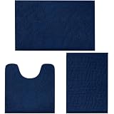 LINLA 3 Pieces Bathroom Rug Set, Absorbent Non Slip Chenille Bath mat, Thick Plush Chenille Carpet Mats Set,Washable Dry Quickly with U-Shaped Toilet Mat for Tub, Shower（Navy Blue）