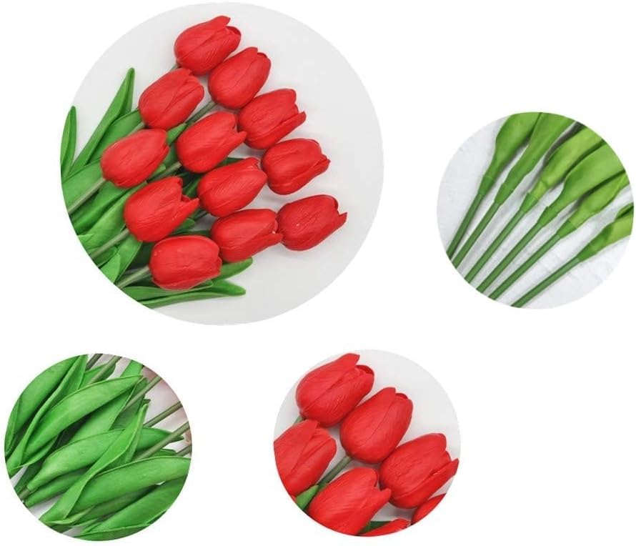 Image of Artificial Tulip Flower Stems (Pack of 5, Vase Not Included) - Realistic Faux Flowers for Home Decor, Living Room, Bedroom, Office, Wedding Decoration (red)