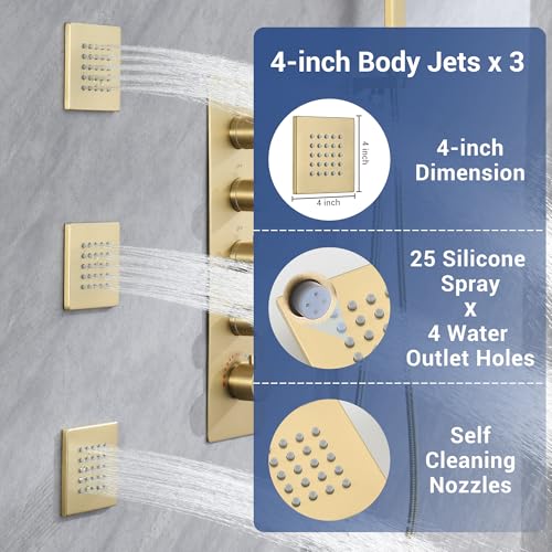 JetsBath Thermostatic Dual Shower System with 4-Inch Body Jets, Ceiling 16" Rainfall Shower & Wall Mount 6-Inch Shower Head, Brushed Gold Luxury Shower Faucet Set with Handheld Sprayer by JetsBath - Used condition - Image 5