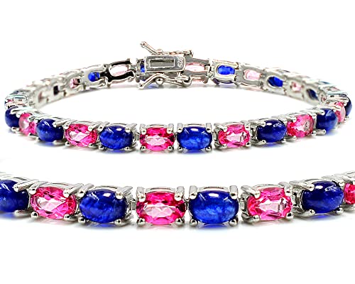 Tennis Bracelet Natural 6X4 Mm Oval Cut Pink Topaz & Sapphire Cabochon Gemstone 925 Sterling Silver Wedding Jewelry September Birthstone Proposal Bracelet Mother's Day Gift For Mom (Rhodium Plated Silver, 8 Inches) #TOP29