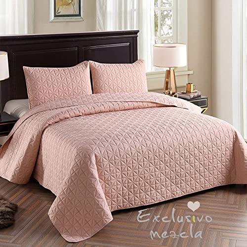 Exclusivo Mezcla King Size Quilt Sets, Lightweight Summer Blush Pink Quilts Geometric Stitched Pattern With 2 Pillow Shams, Ultra Soft Quilted Bedspreads Bedding Coverlets For All Seasons #TOP1