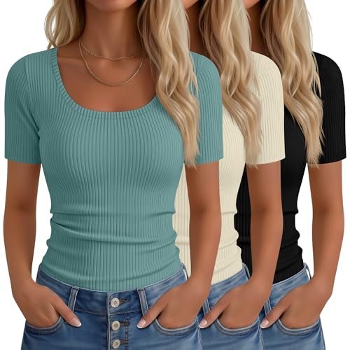 Neer 3 Pack Fitted Ribbed Scoop Neck T-Shirts for Women,