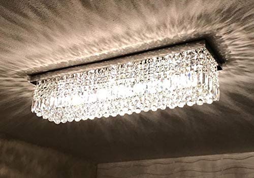 7PM Rectangle Crystal Ceiling Light Modern Chrome Chandelier Contemporary Lighting Fixture for Dining Room Living Room 47.2 Inch
