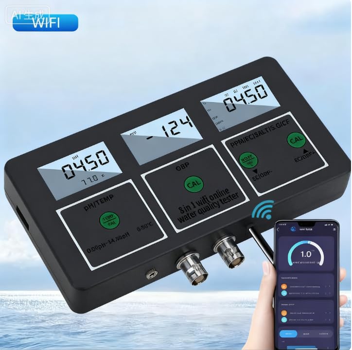 8 in 1 PH EC SALT ORP TDS CF TEMP Tester Online della qualità 'acqua per Acquari, Coltura, Laboratori, Spa, Piscine, con Monitoraggio Remoto e Ricezione Dati in Tempo Reale per