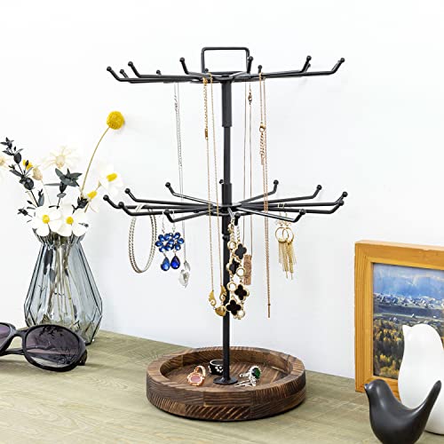 Mygift Rotating 2 Tier Jewelry Tree Organizer In Black Metal With Burnt Wood Base - Spinning Necklace Tower Display Stand With 24 Hooks & Top Handle Card Holder #TOP4