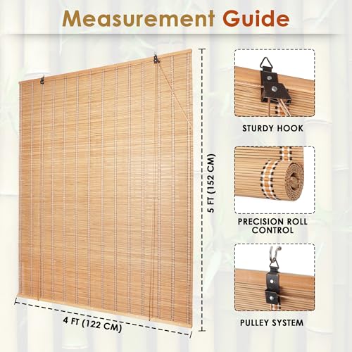 Image of Story@Home Bamboo Curtains for Outdoor W 4 ft x H 5 ft (Pack of 2) Rope Mechanism Roll Up Down Bamboo Shade for Sunlight, Dust Protection Window Chick Blinds for Balcony - Beige