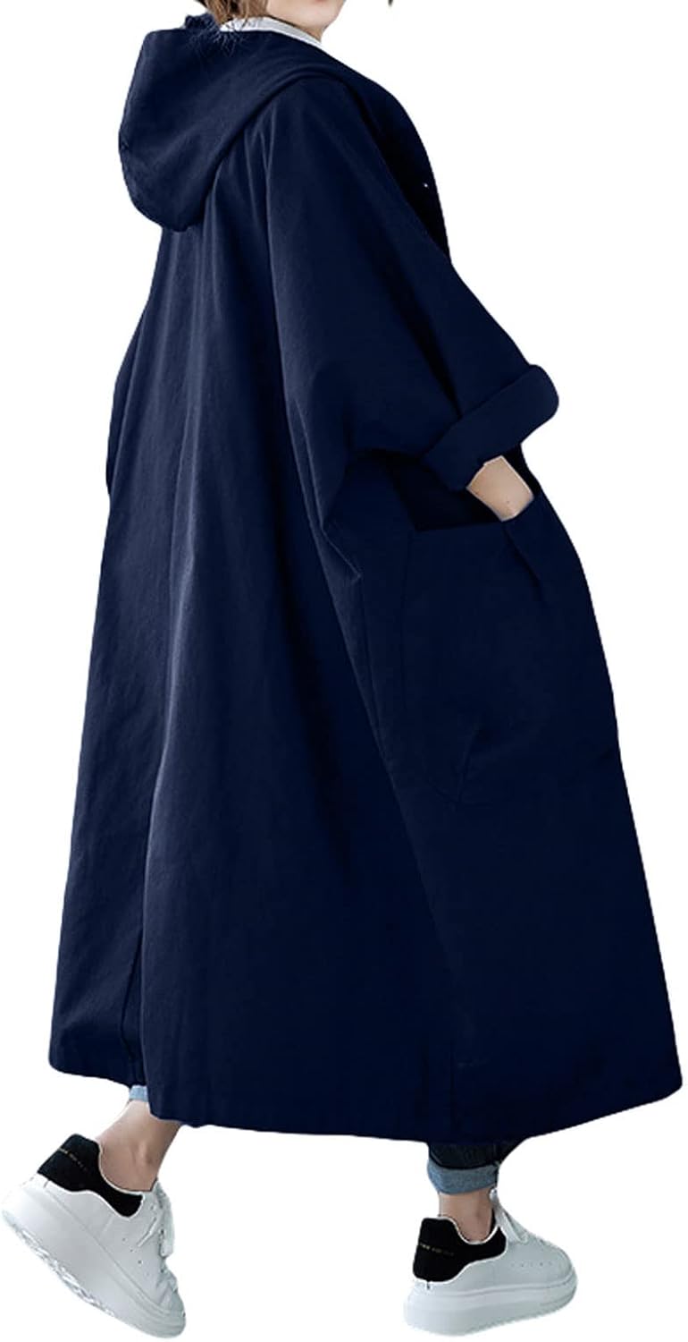 GGUHHU Womens Loose Fit Batwing Sleeve Single Breasted Hooded Windbreaker Long Trench Coat