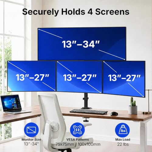 Image of HUANUO 4 Monitor Mount for 13-34 Inch Screens, Fully Adjustable Heavy Duty Monitor Desk Mount for 4 Screens with Swivel, Tilt, Rotation, Larger C-Clamp & Grommet Base, Each Arm Holds up to 22 lbs