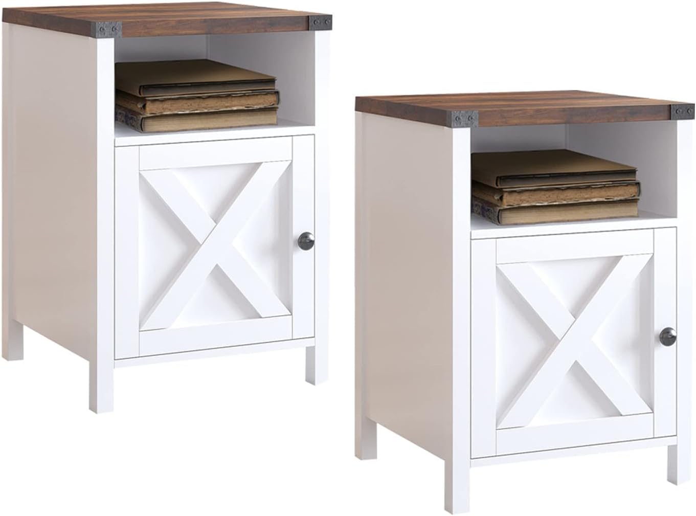 Catrimown Farmhouse End Table, White End Table, Rustic Nightstand with Barn Door and Storage Shelf, Night Stand End Table Living Room, Set of 2, Wooden Sofa Side Table for Bedroom Living Room, White