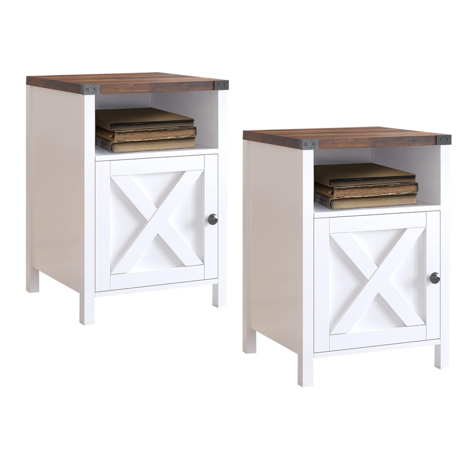 Catrimown Farmhouse End Table, White End Table, Rustic Nightstand with Barn Door and Storage Shelf, Night Stand End Table Living Room, Set of 2, Wooden Sofa Side Table for Bedroom Living Room, White