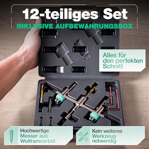 Smabix® Kreisschneider, 12-teiliges Set, 40-120 mm Lochgröße einstellbar, inkl. Aufbewahrungsbox, hochwertige Wolframcarbid-Messer, Kreisschneider Holz, Lochschneider für Holz, Kunststoff, Gipskarton