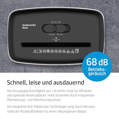 HP OneShred 8CC Black, Aktenvernichter, Sicherheitsstufe P-4, Cross Cut, 8 Blatt, 2826, schwarz/Silber, Partikelschnitt
