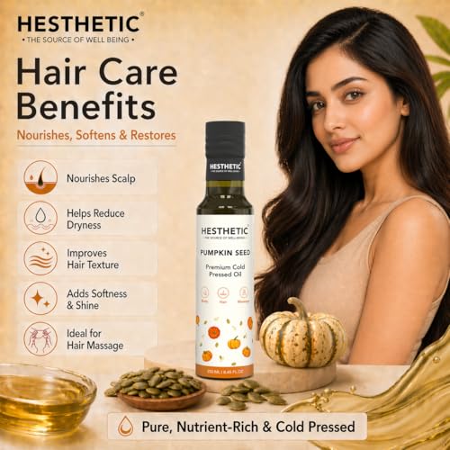 Image of HESTHETIC Cold Pressed Pumpkin Seed Oil 250ml for Hair, Scalp & Skin | Unrefined Virgin Beauty Oil Rich in Zinc & Plant Omega-6 | Glass Bottle | Hair-Thickening Scalp Massage