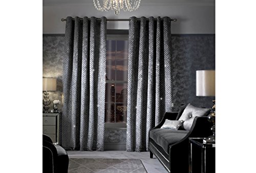 Kylie Minogue At Home New 'Grazia' SILVER Velvet Readymade Fully Lined Eyelet Curtains In Multiple Sizes - Sold by BHQ (Grazia Silver 168cm x 183cm (66"x72"))