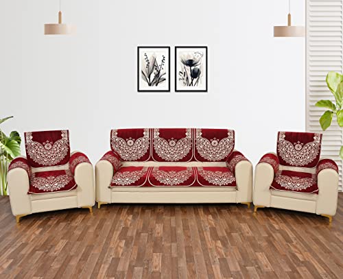 Image of 5 Seater Sofa Cover (3+1+1) with Arm Covers - Premium Stretch Fit, Soft & Durable Couch Protector Soft Fabric Sofa Slipcover (Maroon)