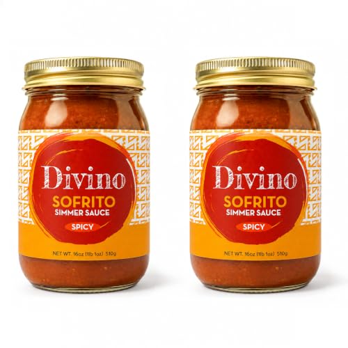 Divino Foods Spicy Sofrito Simmer Sauce – Authentic Latin & Caribbean Cooking Sauce | Marinade for Chicken, Beef, Pork, Rice, Soups, Meal Prep, and Easy Dinner in Minutes, | Non-GMO, No Preservatives, No MSG, Vegan, Gluten-Free | 16 oz (1, 16 oz, Original)