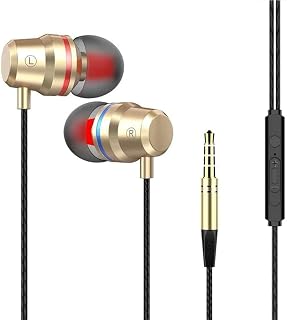 Hi-Res Extra Bass Noise Isolating In-Ear Headphones Earphones High Sensitivity Wired Earbuds with Microphone For iPhone, iPad, Samsung, Volume Control 3.5mm Jack Headphone Earphones (Gold)