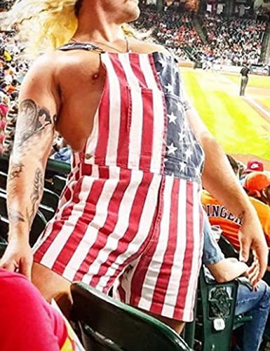 Somthron Unisex Womens Mens American Us Flag Print Denim Overall Bibs Shorts Patriotic Striped Blue Star July 4 Jumpsuits（Re-2Xl） #TOP2