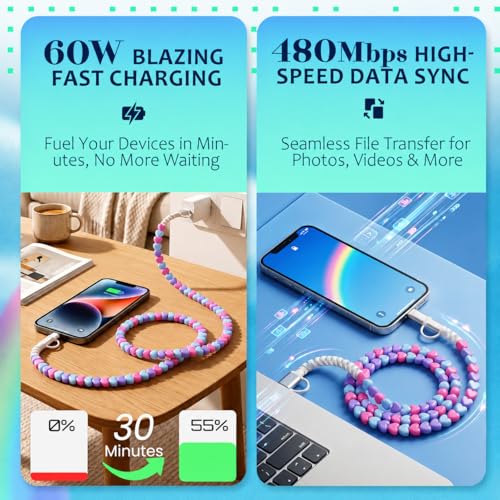 Image of 4-in-1 Beaded Charging Cable, MFi Certified, Works with CarPlay, 3.3FT 60W Fast Charger Cord for iPhone 17 /16 /15 /14 /13 /12 /11, iPad, Samsung, Android and More (Sweethearts)