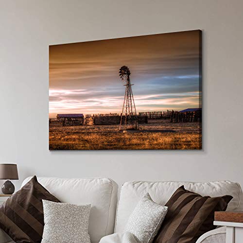 Hardy Gallery Windmill Artwork Rustic Landscape Picture: Farmhouse Painting Wall Art Print on Canvas for Living Room (45'' x 30'' x 1 Panel) by Hardy Gallery - Image 3
