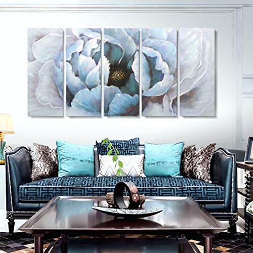 amatop Extra Large Modern Abstract Floral Wall Art Living Room Hand-Painted Blooming Flower Oil Painting on Wrapped Canvas Artwork for Bedroom Bathroom Wall Decoration 5 Pieces Blue Gold