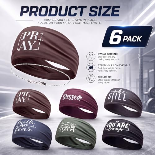 Image of 6 Pcs Inspirational Christian Headbands Athletic Sweatband for Men Women with Motivational Quotes Religious Moisture Wicking Head Bands for Running Yoga Cycling Gym Tennis Football