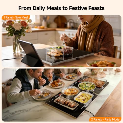 Image of FEPPO Electric Warming Tray with Independent Temp & Timer Control, 2-in-1 Modular Food Warmer for Parties Buffet, 31 inchx15 inch Glass Surface Warming Mat for Food, Ideal for Catering & Gatherings
