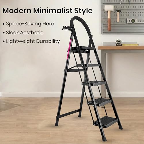 Image of Casa Copenhagen Black 5 Step Ladder for Home Use with Built-in Tool Tray | Heavy Duty D Shape Rods | Ultra Large Platform | Wide Rubber Feet | 150Kg Capacity Foldable Ladder - 7 Years Warranty