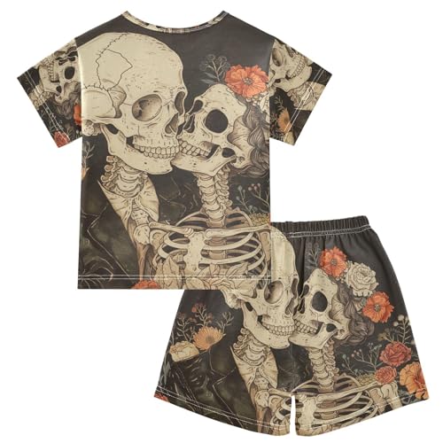 ALAZA Romantic Skeletons and Flowers Pajama Set Short Sleeve Sleepwear Soft Lounge Nightwear2