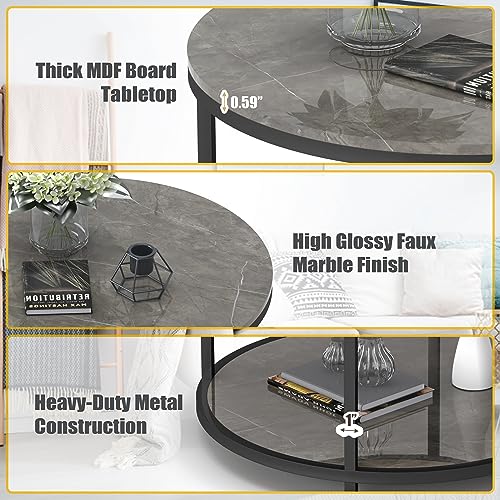WiberWi Round Coffee Table 33.5\" Coffee Tables for Living Room High Glossy Faux Marble Top Modern Circle Table Sturdy Black Metal Frame Legs Cocktail Table with Storage Open Shelf