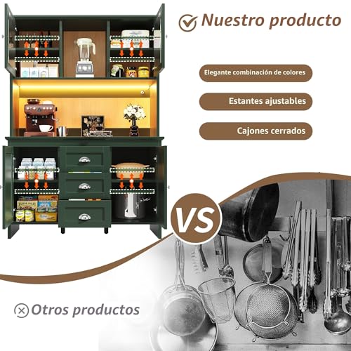 Miniatura 3 de A Alfrescool Armario Buffet Alto, Armario De Cocina, Aparador, Con Puertas De Cristal Marrón E Iluminación Led, 4 Puertas Y 3 Cajones, Para Cocina, Comedor, 120 X 40 X 179 Cm Verde