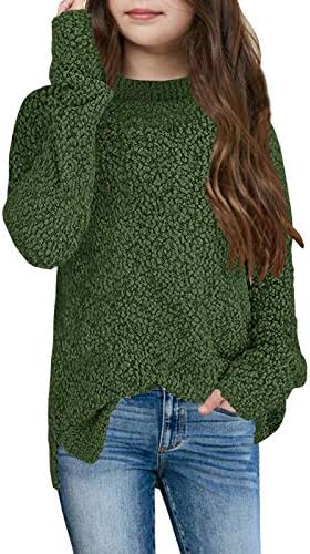 GAMISOTE Girl's Fuzzy Warm Sweater Crew Neck Chunky Side Slit Jumper Pullover Outwear (Army Green, 10_Years)