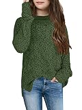 GAMISOTE Girl's Fuzzy Warm Sweater Crew Neck Chunky Side Slit Jumper Pullover Outwear (Army Green, 1