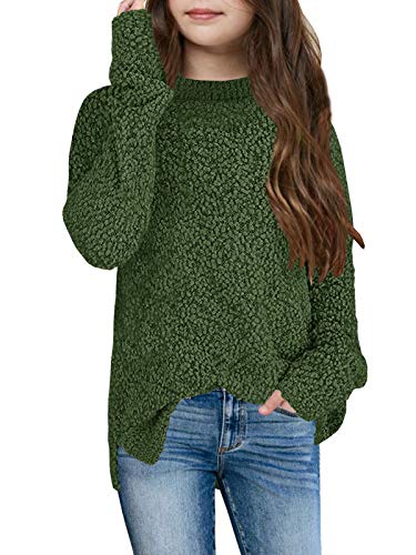 Gamisote Girl's Fuzzy Warm Sweater Crew Neck Chunky Side Slit Jumper Pullover Outwear (Army Green, 10_Years) #TOP4