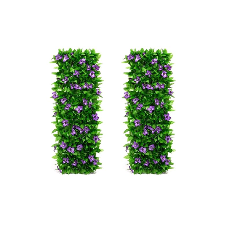 Qisino Artificial Ivy and Violet Flower Fence Screening,Expanding Garden Trellis Panels for Balcony Patio Outdoor,Decorative Faux Ivy Fencing Panel,Artificial Hedges 40x200cm- Expanded (2)