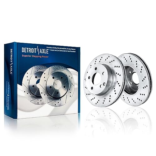 Image of Detroit Axle - Front Brake Kit for Mercedes-Benz 10-15 C250 08-12 C300 | 2012-2015 SLK250, 2008-2009 C230 Drilled Disc Brake Rotors 2009 2010 2011 2012 2013 2014 2015 Replacement Ceramic Brake Pads