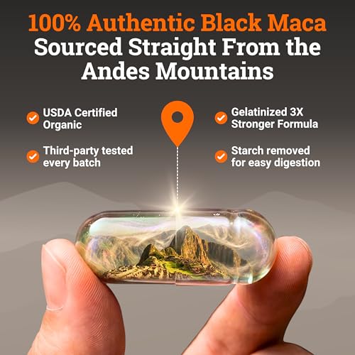 Image of Organic Gelatinized Black Maca Root for Men & Woman 200 Capsules , 1000mg | 4x Bioavailability - Energy Supplement for Focus, Performance, Stamina & Endurance, Mood Booster, Hormone Balance, Peruvian