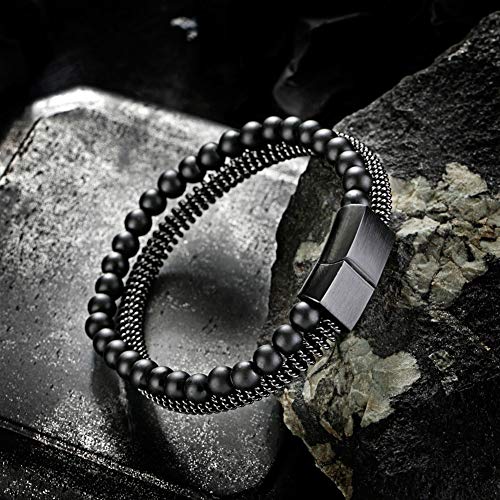 Murtoo Mens Bracelet Bead Leather Bracelet, Steel Chain And Leather Bracelet And Cuff For Men With Magnetic Clasp (Onyx Black, 7.3"-8.3") #TOP3