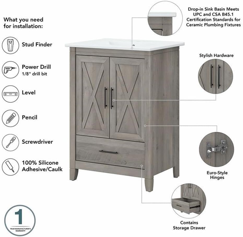 Bush Home Key West 24W Bathroom Vanity Sink with Mirror and Over The Toilet Storage Cabinet in Driftwood Gray