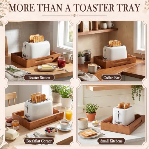 Image of SiliFine Toaster Tray for Under 2-slice Toaster with Handles Scalloped | Premium Pine Wood Design: Adds a Warm Walnut Finish While Catching Toaster Crumbs and Keeping Countertops Clean.