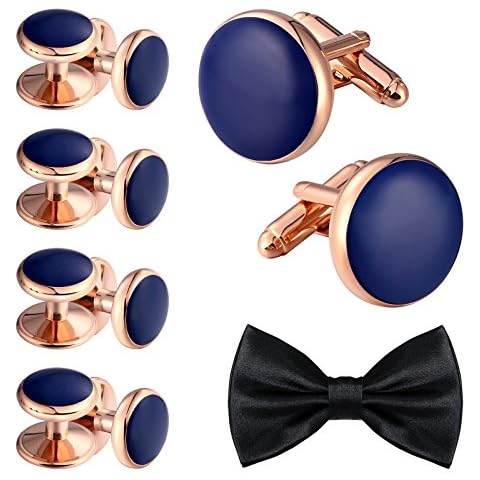 Aienid Mens Cufflinks and Shirt Stud Set, Bowtie Studs for Men Stainless Steel Cuff Links Wedding Blue Cover