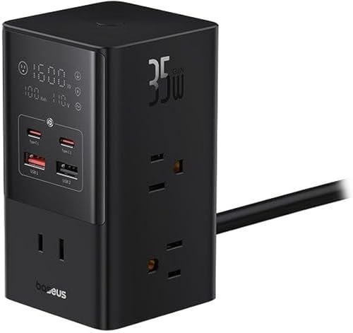 Baseus PowerCombo Tower Power Strip, 7 Port Charging Station, 35W PD Fast Charging, 3 AC Outlets, 2 USB C, 2 USB Ports, 1m Cable