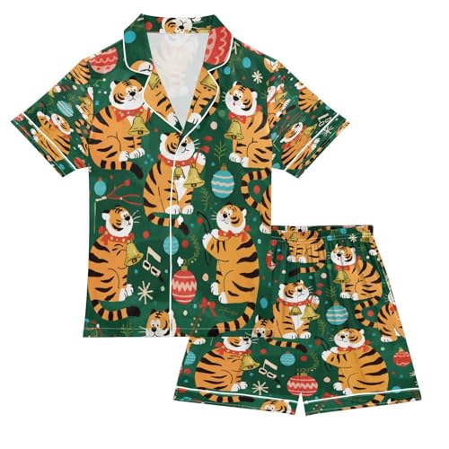 Satin Pajama Sets Short Sleeve Christmas Cute Tigers with Bells Button Down Silky Nightwear 2 Piece PJS 5-14Y