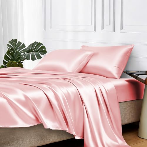 Image of MR&HM Satin Bed Sheets, Full Size Sheets Set, 4 Pcs Silky Bedding Set with 15 Inches Deep Pocket for Mattress (Full, Light Pink)