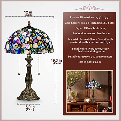 Nizrsky Tiffany Table Lamp,Stained Glass Lamp With Natural Shell And Amethyst,12" Vintage 2-Light Handmade Tiffany Style Lamp,Tiffany Bedside Lamp For Bedroom Living Room Office(2 Led Bulbs Included) #TOP4