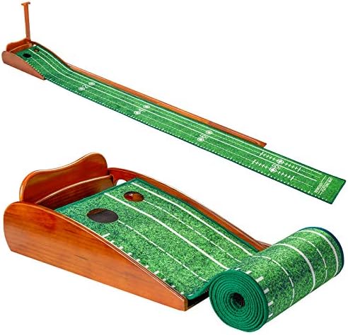 REMOSSY Wood Golf Putting Green Mat with Auto Ball Return System Wooden Base Indoor Golf Putting Practice Mat Equipment and Assistant for Home Office Backyard Indoor Outdoor Use - 8 Feet