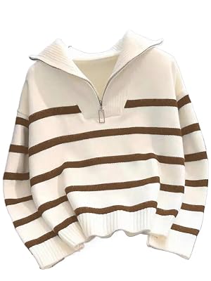Womens Pullover Sweater Autumn Winter Women Striped Zipper High Neck Sweater