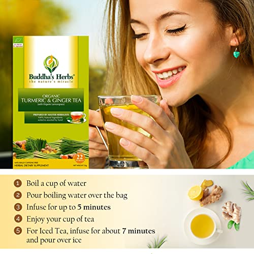 Buddha's Herbs Organic Turmeric And Ginger Tea, Blended With Lemongrass For Supporting Immune And Digestive Health, No Caffeine Dietary Supplement With Antioxidant, Pack Of 2, 44 Tea Bags #TOP5